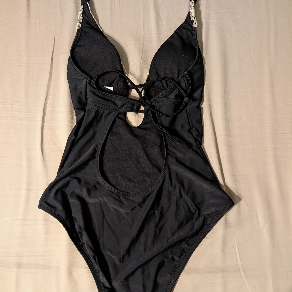 Black One-Piece Swimsuit with Cream Lace Detail - Picture 4 of 7